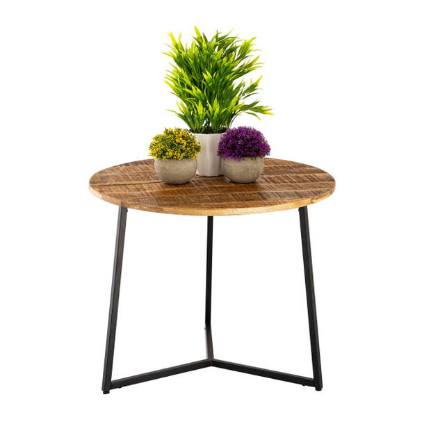 Parya Home - Salontafel rond massief hout ø 56cm woonkamertafel bijzettafel metalen onderstel zwart