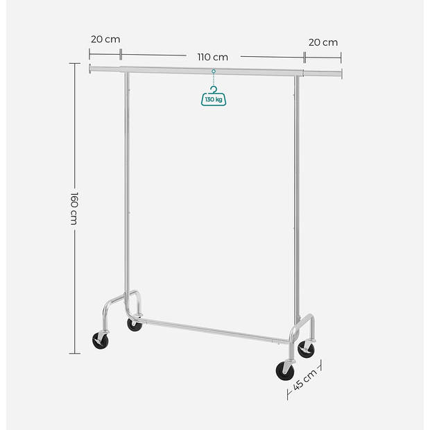 Bobbel Home - Verchroomd Kledingrek - Incl. Wielen - Kledingstandaard - Zilver