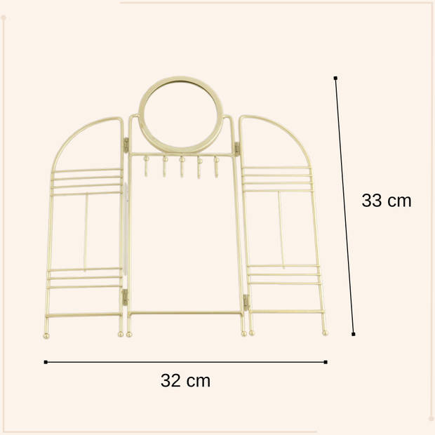 MISOU Sieradenhouder - Sieradenhanger - oorbellenrekje - Metaal - Goud - met Spiegel - 33x33x32cm - Ijzer