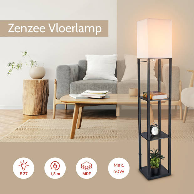 Zenzee vloerlamp - Staande lamp - Stalamp - Modern - Met opbergruimte - 26L x 26B x 160H cm - Zwart- Effen