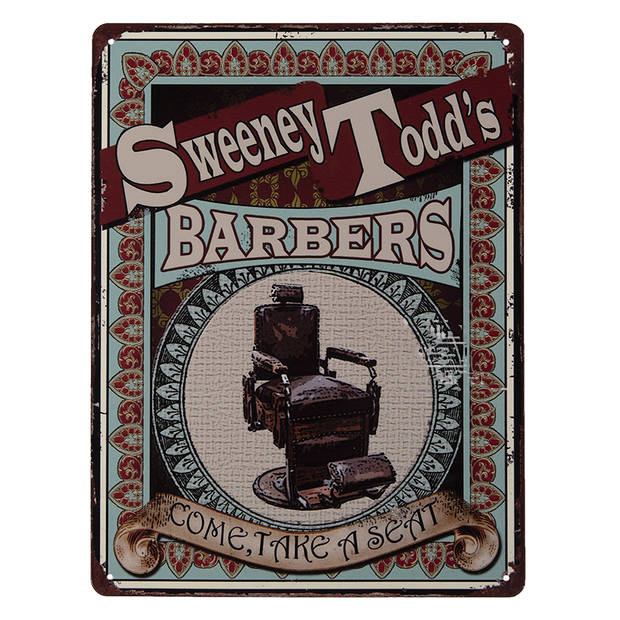 Clayre & Eef Tekstbord 25x33 cm Rood Bruin Ijzer Barbers Wandbord Rood Wandbord