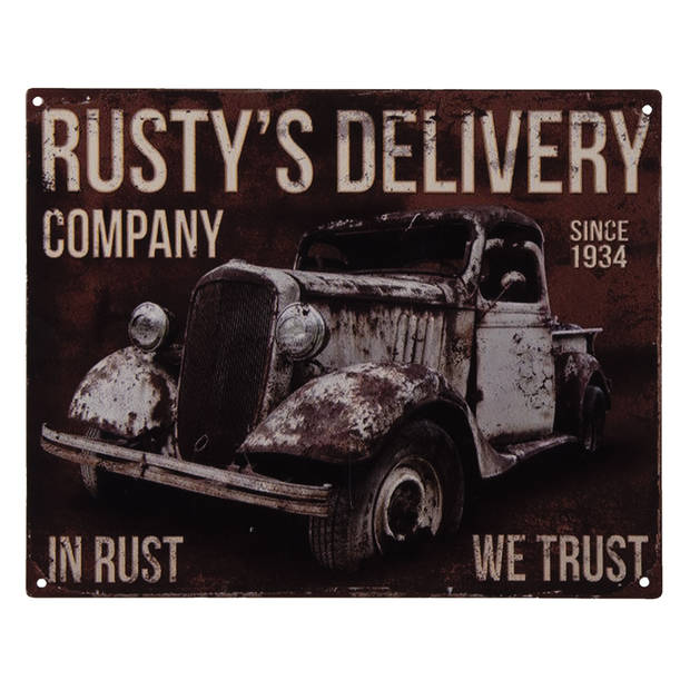 Clayre & Eef Tekstbord Auto 25x20 cm Bruin Ijzer Rustys Delivery Wandbord Bruin Wandbord