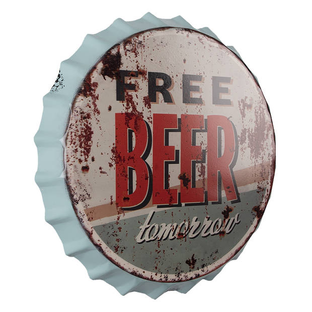 Clayre & Eef Tekstbord Ø 33 cm Rood Beige Ijzer Free Beer Wandbord Rood Wandbord