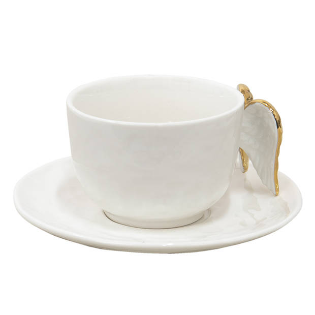 Clayre & Eef Kop en schotel 175 ml Wit Keramiek Vleugels Servies Wit Servies