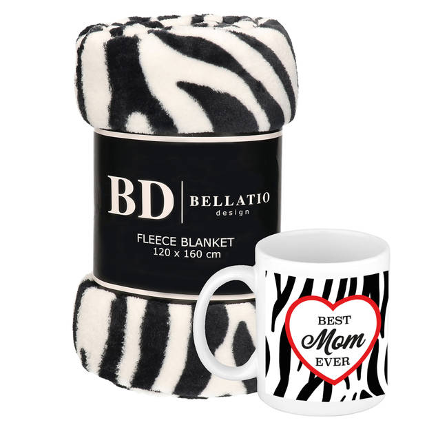 Cadeau moeder set - Fleece plaid/deken zebra print met Best mom ever zebraprint mok - Plaids