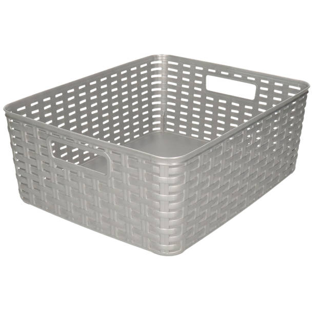 Plasticforte Opbergmand - Kastmand - rotan kunststof - zilver - 12 Liter - 30 x 37 x 13 cm - Opbergmanden