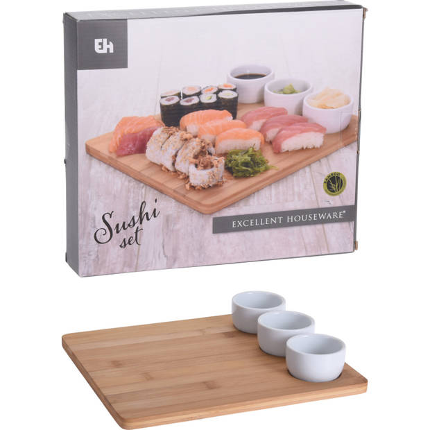 4-delige sushi serveer set met 3 porseleinen kommetjes 28 x 24 cm - Bordjes
