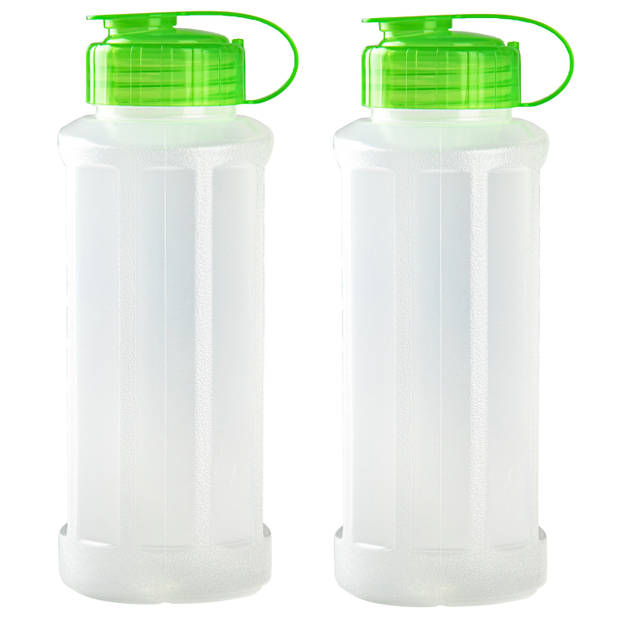 2x stuks kunststof waterflessen 1100 ml transparant met dop groen - Drinkflessen