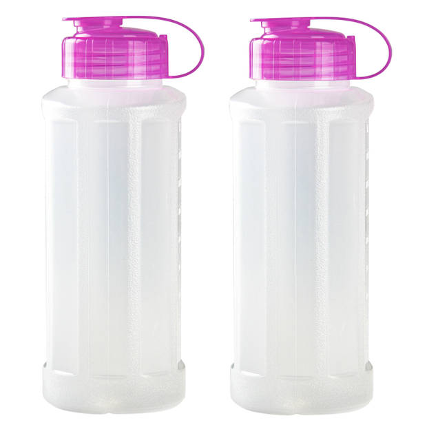 2x stuks kunststof waterflessen 1100 ml transparant met dop roze - Drinkflessen