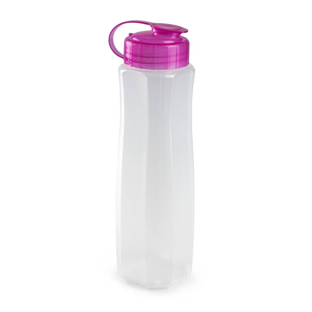 2x stuks kunststof waterflessen 1000 ml transparant met dop roze - Drinkflessen