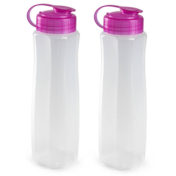 2x stuks kunststof waterflessen 1000 ml transparant met dop roze - Drinkflessen