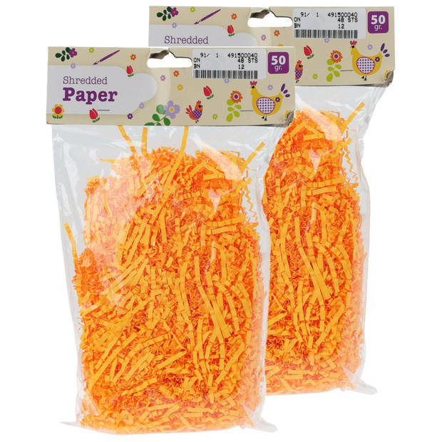 Set van 4x decoratie paasgras vulmateriaal - crepe papier - oranje - 200 gram - Feestdecoratievoorwerp