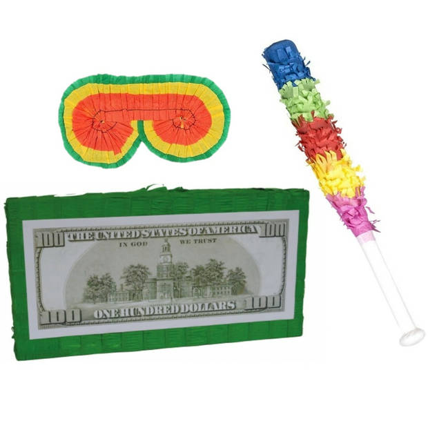 Verjaardag Pinata Dollar biljet van 50 cm set met stok en masker - Pinatas