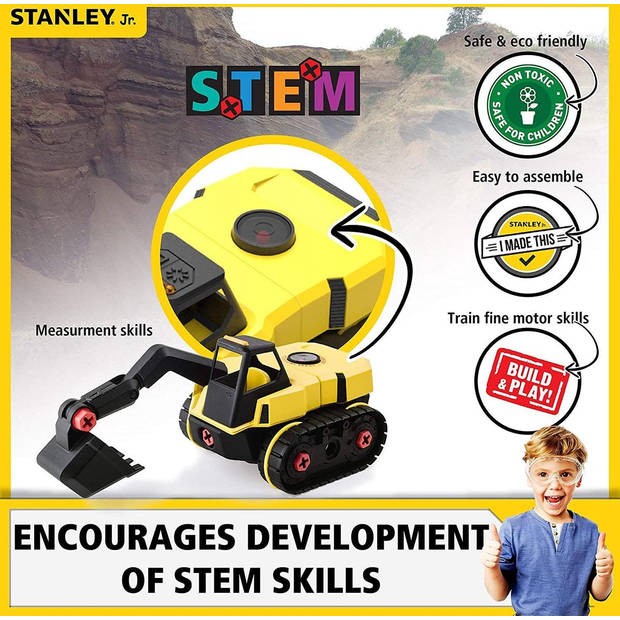 Stanley Speelgoed Graafmachine - Kinderen vanaf 3 Jaar - 25 Onderdelen - STEM-Speelgoed - Zwart/Geel
