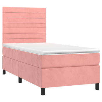 vidaXL Boxspring met matras en LED fluweel roze 90x200 cm