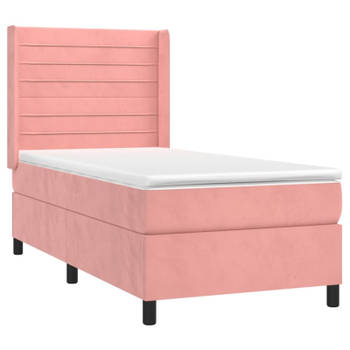 vidaXL Boxspring met matras en LED fluweel roze 90x200 cm