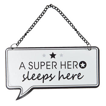 Clayre & Eef Tekstbord 14x9 cm Wit Zwart Metaal Rechthoek Superhero Wandbord Wit Wandbord