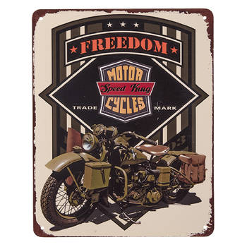 Clayre & Eef Tekstbord 25x20 cm Beige Zwart Ijzer Freedom Motorcycle Wandbord Beige Wandbord