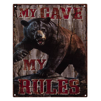 Clayre & Eef Tekstbord 20x25 cm Bruin Rood Ijzer My Cave My Rules Wandbord Bruin Wandbord