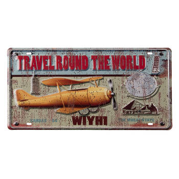 Clayre & Eef Tekstbord 42x1x22 cm Geel Rood Ijzer Vliegtuig Travelround The World Wandbord Geel Wandbord