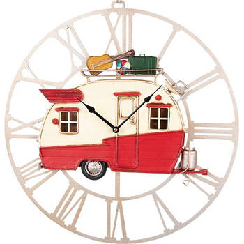 Clayre & Eef Wandklok 48x50 cm Rood Bruin Metaal Rond Caravan Muurklok Hangklok