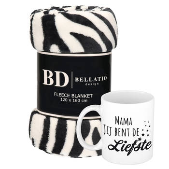 Cadeau moeder set - Fleece plaid/deken zebra print met Mama jij bent de liefste mok - Plaids