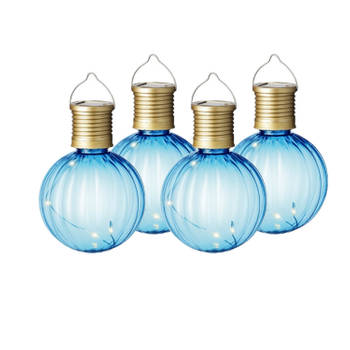 4x Buiten Led blauwe lampion solar verlichting 11 cm - Lampionnen