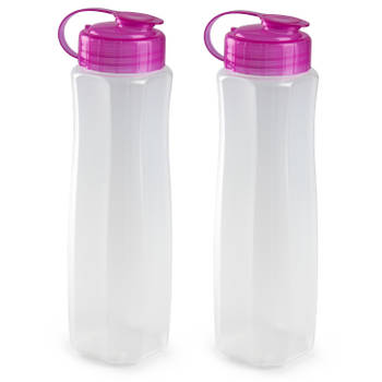 2x stuks kunststof waterflessen 1000 ml transparant met dop roze - Drinkflessen