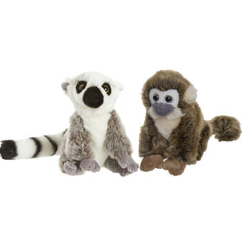 Apen serie zachte pluche knuffels 2x stuks - Maki aap en Squirrel aap van 18 cm - Knuffeldier