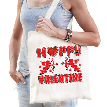 Cadeau tasje valentijn - Happy Valentine - naturel wit - katoen - 42 x 38 cm - Feest Boodschappentassen