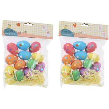 Decoratie eieren/ paaseieren met glitter en bloem detail - 24x - piepschuim - Feestdecoratievoorwerp