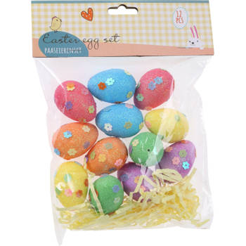 Decoratie eieren/ paaseieren met glitter en bloem detail - 12x - piepschuim - Feestdecoratievoorwerp