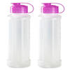 2x stuks kunststof waterflessen 1100 ml transparant met dop roze - Drinkflessen