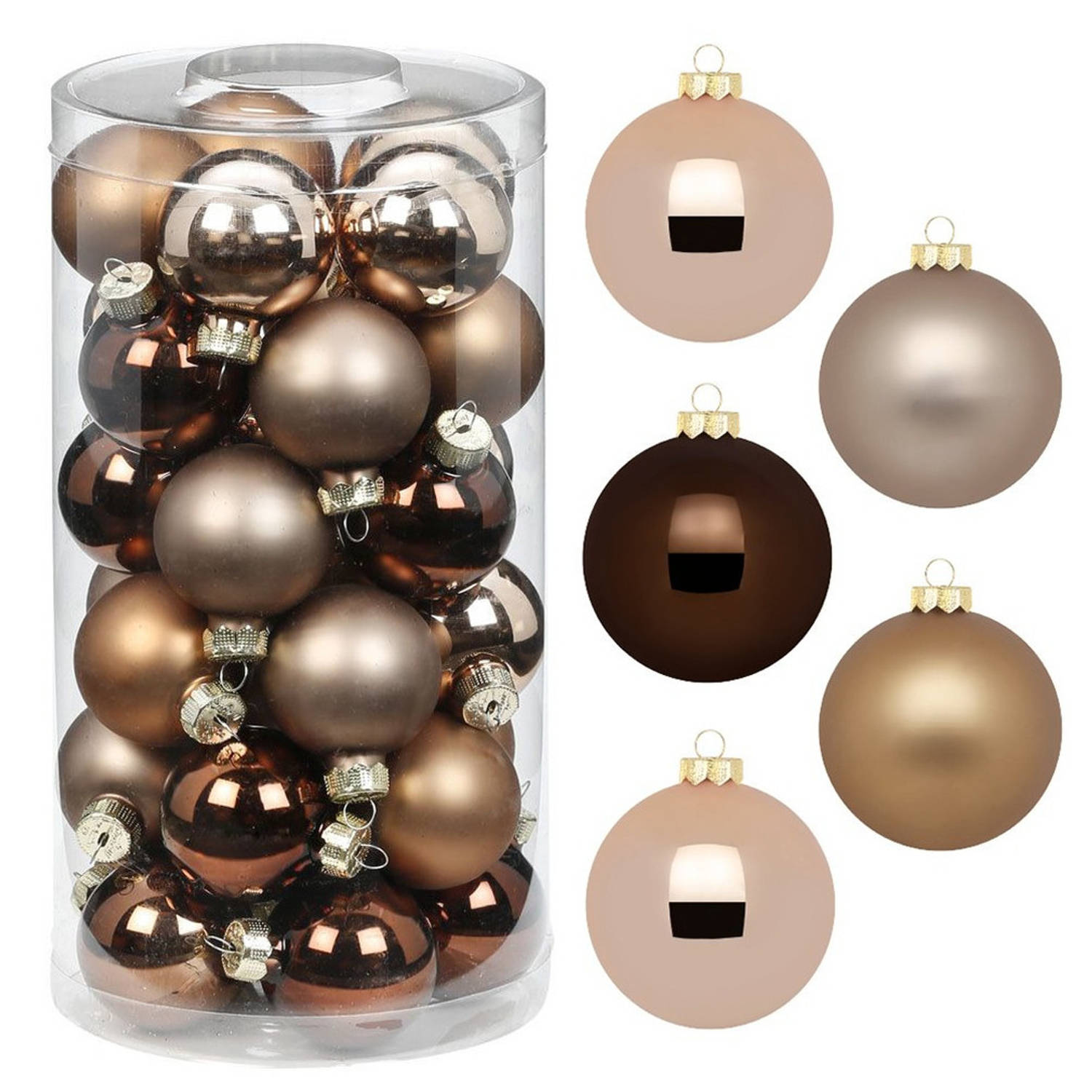 Christmas Goods kleine kerstballen - 36x st - elegant bruin - 4 cm - glas - mat/glans