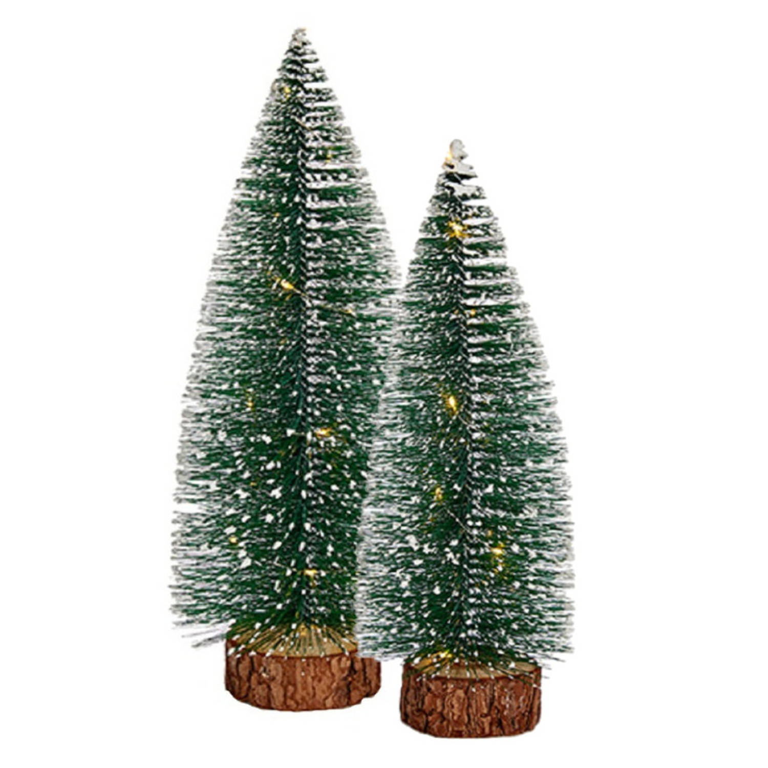Kleine-mini decoratie kerstboompjes set van 2x st met licht 30-35 cm Kerstdorpen