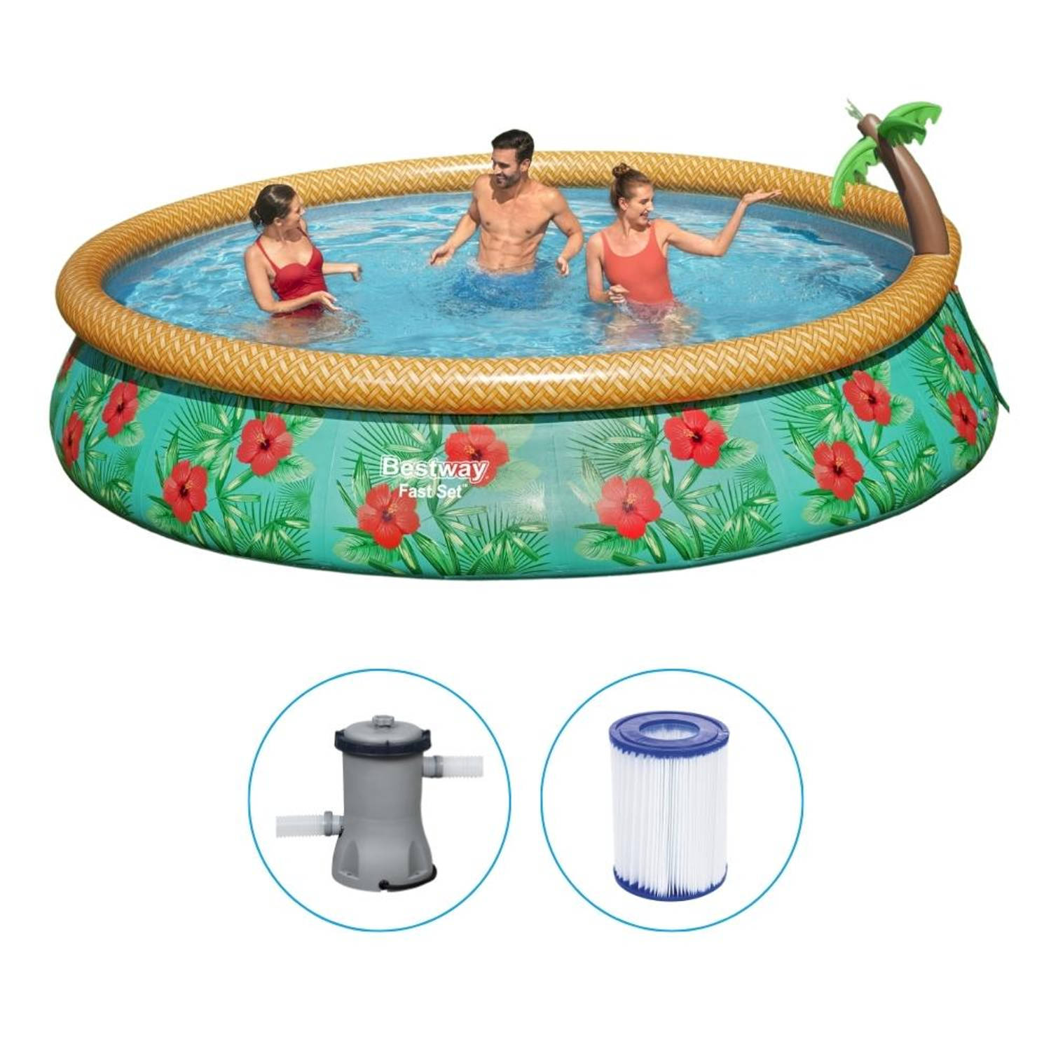 zeewier strategie Minister Bestway - Fast Set - Opblaasbaar zwembad inclusief filterpomp - 457x84 cm -  Paradijsprint - Rond | Blokker