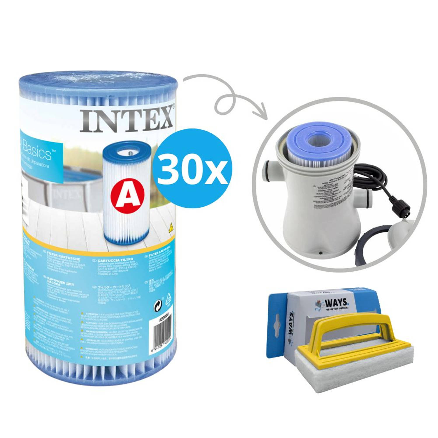 Intex - A filters - 30 stuks - Geschikt voor filterpomp 28604GS/28638GS/28636GS & WAYS scrubborstel