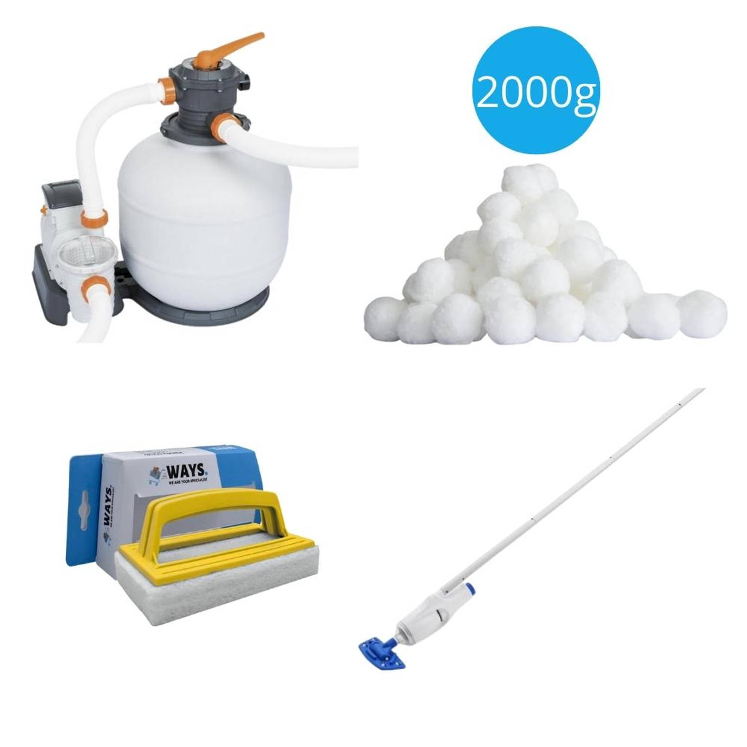 Bestway - Zwembadstofzuiger AquaReach & Zandfilterpomp 8327 L/u & Filterbollen 2000 g & WAYS Scrubborstel