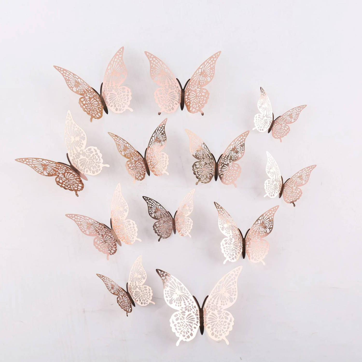 Cake topper decoratie vlinders of muur decoratie met plakkers 12 stuks rosé - 3D vlinders - VL-02