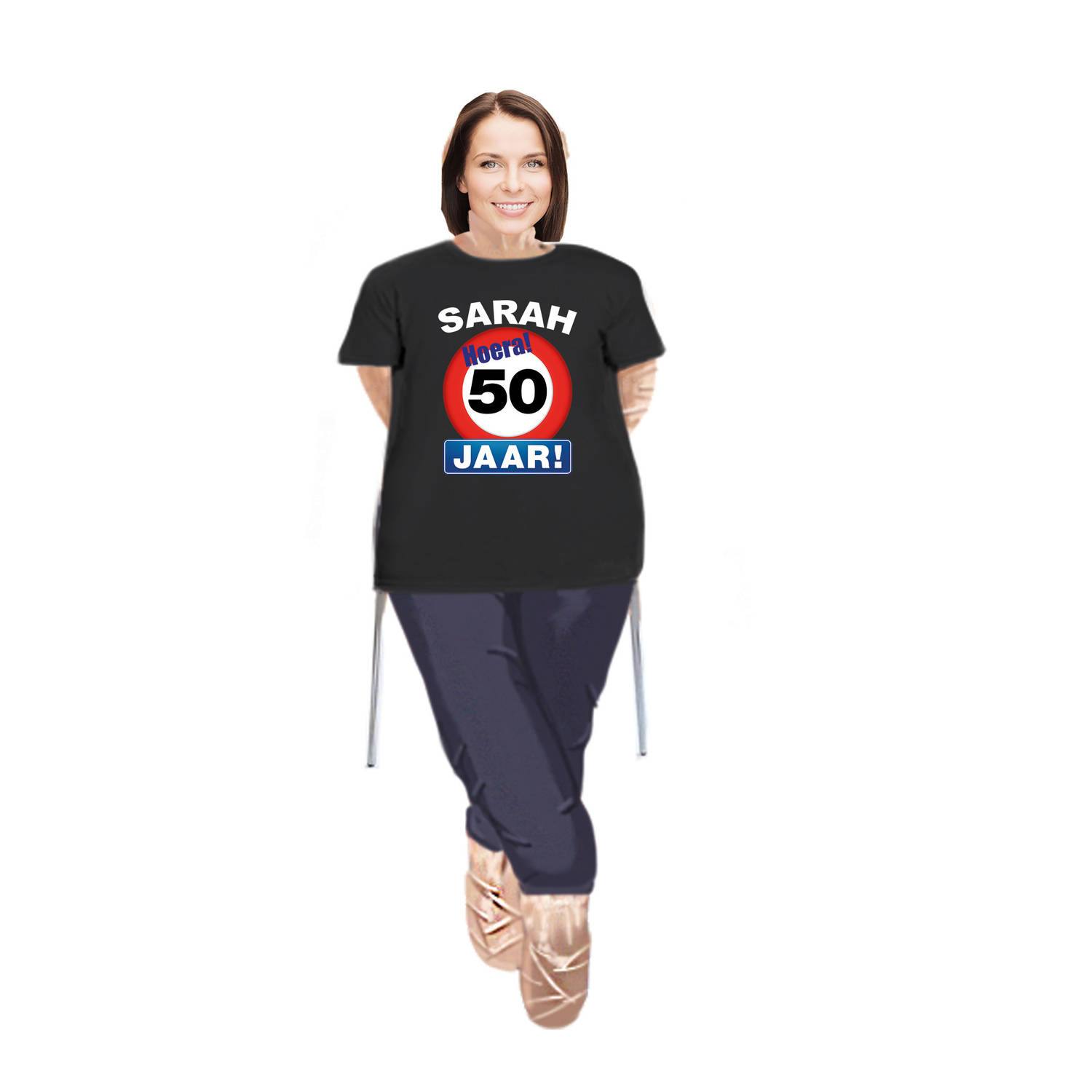 Sarah pop compleet met stopbord 50 jaar t-shirt - Feestdecoratievoorwerp