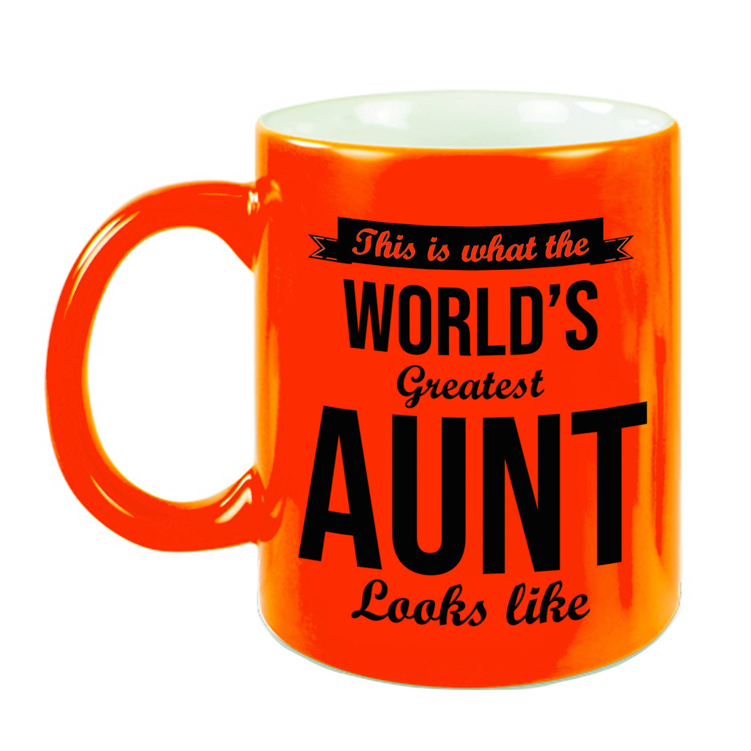 Worlds Greatest Aunt-Tante Cadeau Koffiemok-Theebeker Neon Oranje 330 Ml Feest Mokken