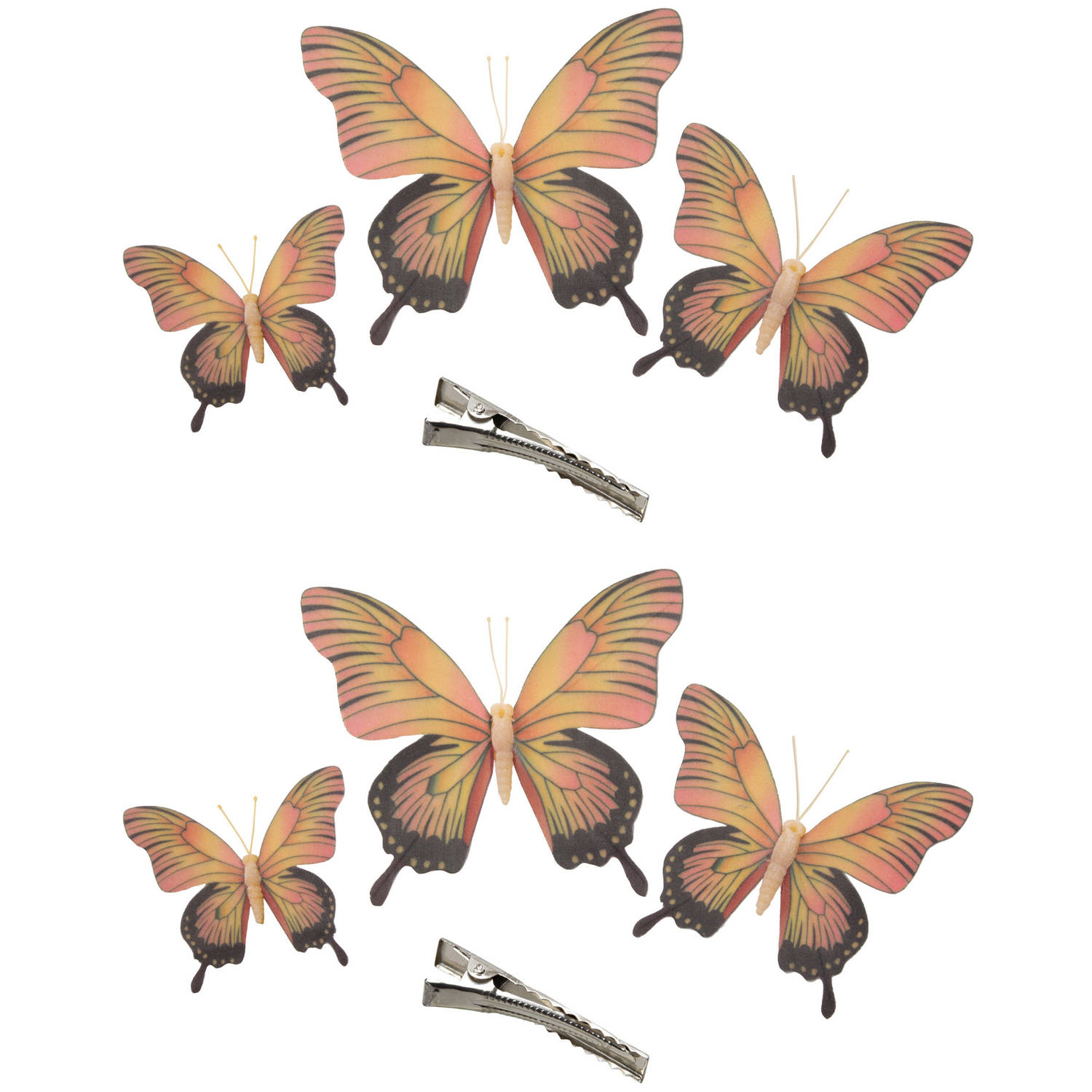 6x Stuks Decoratie Vlinders Op Clip Geel-roze 3 Formaten 12-16-20 Cm Hobbydecoratieobject