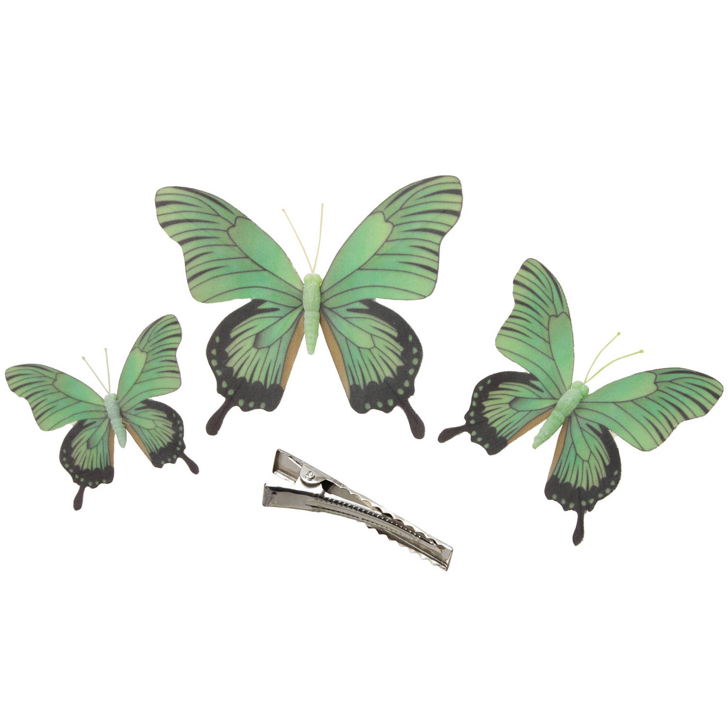 3x Stuks Kerst Decoratie Vlinders Op Clip Groen 12-16-20 Cm Feestdecoratievoorwerp