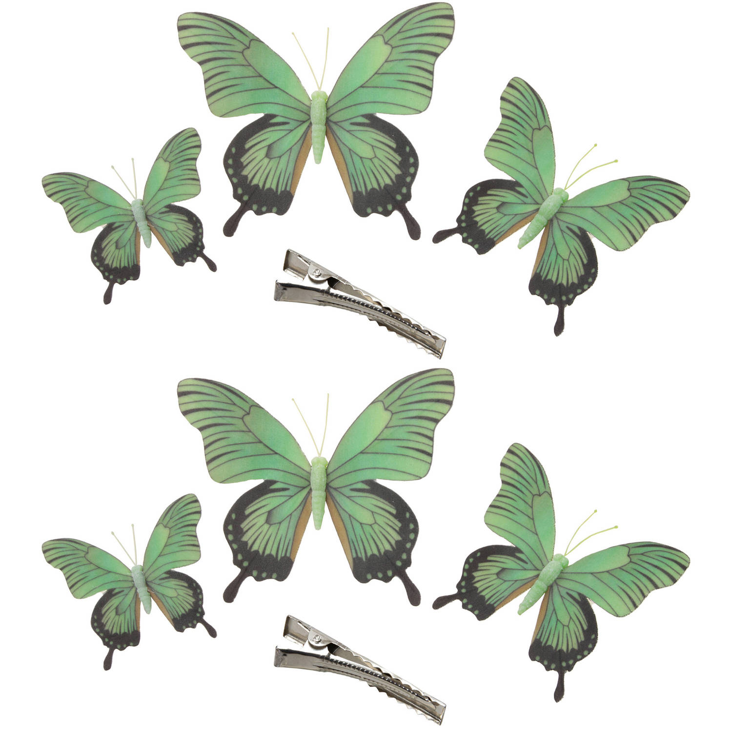 6x Stuks Decoratie Vlinders Op Clip Groen 3 Formaten 12-16-20 Cm Hobbydecoratieobject