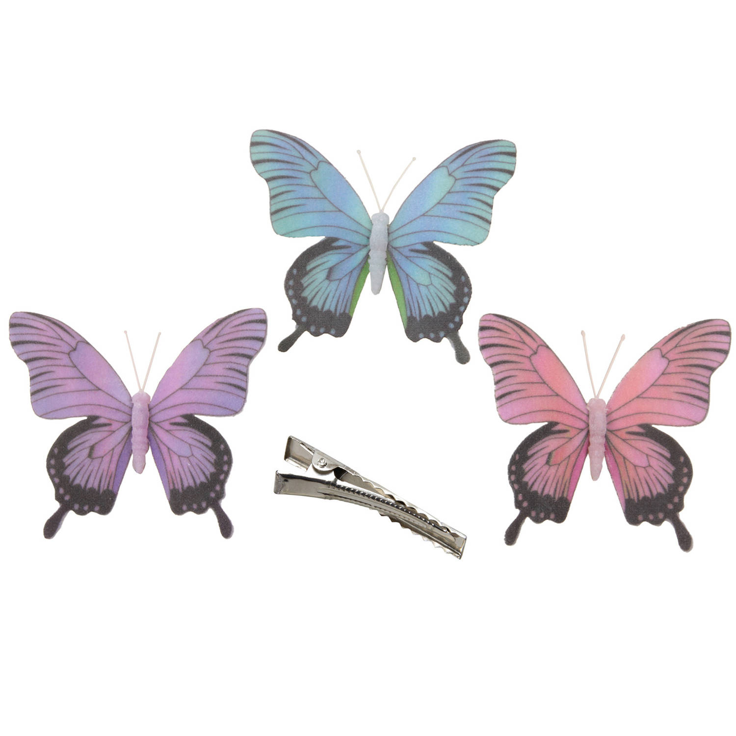 3x Stuks Kerst Decoratie Vlinders Op Clip Paars-blauw-roze 12 Cm Feestdecoratievoorwerp