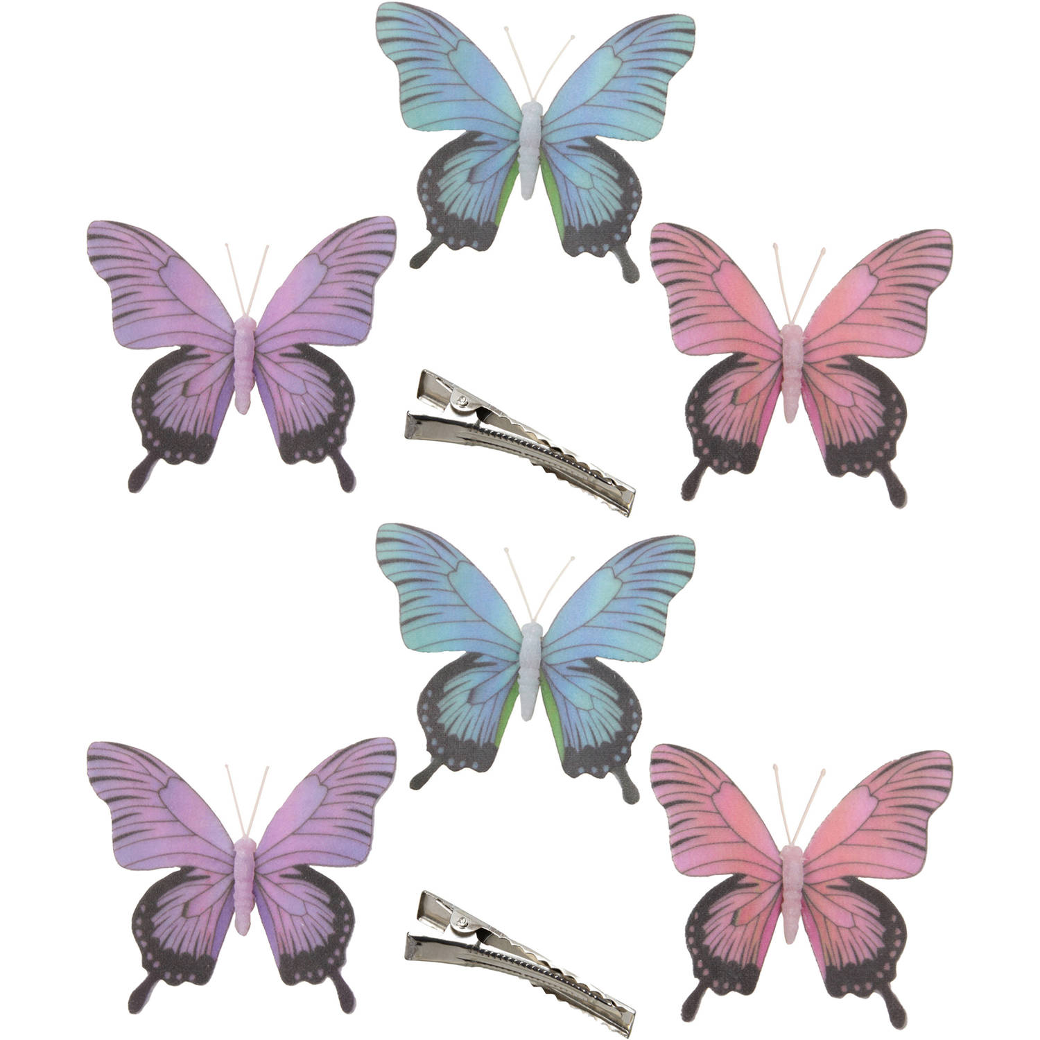 6x Stuks Decoratie Vlinders Op Clip Paars-blauw-roze 12 Cm Hobbydecoratieobject