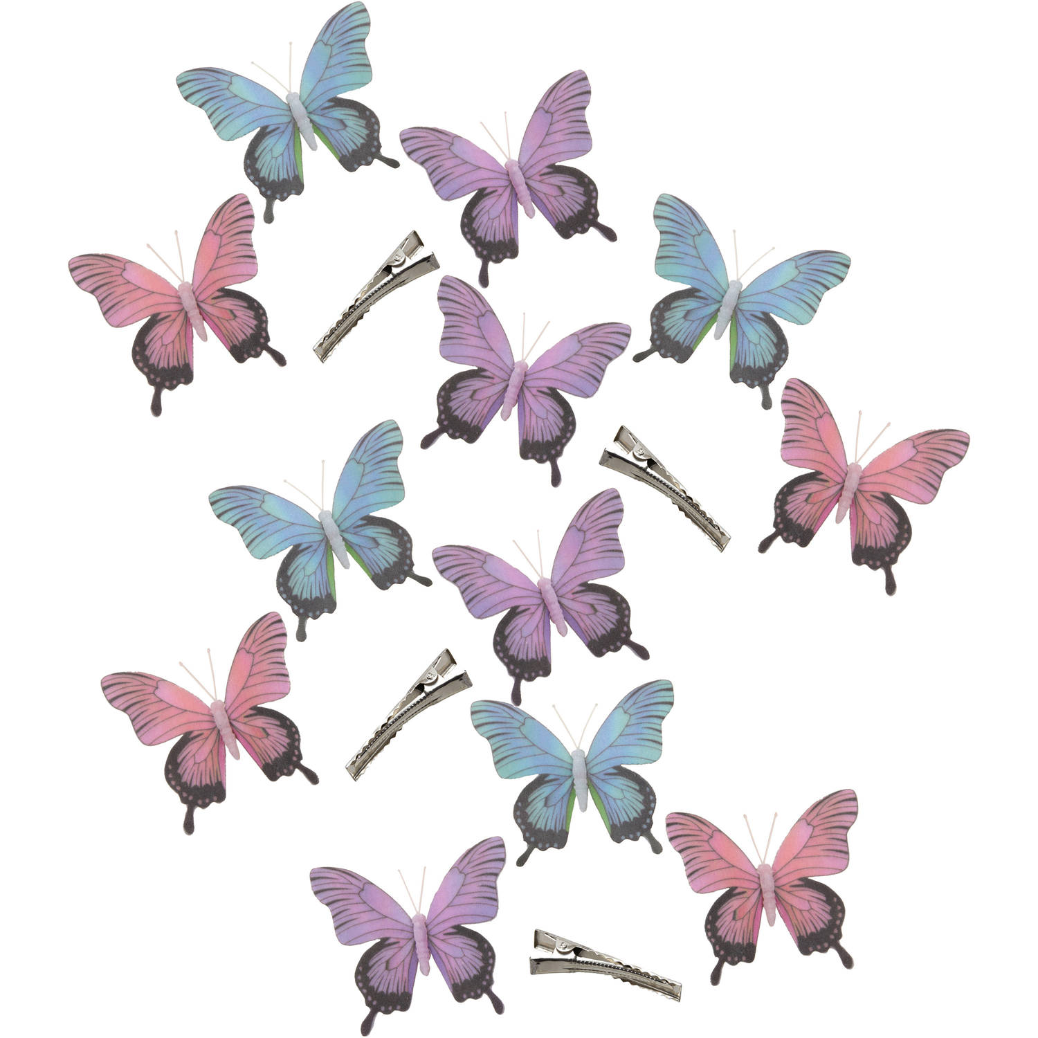 12x stuks decoratie vlinders op clip - paars/blauw/roze - 12 cm - Hobbydecoratieobject