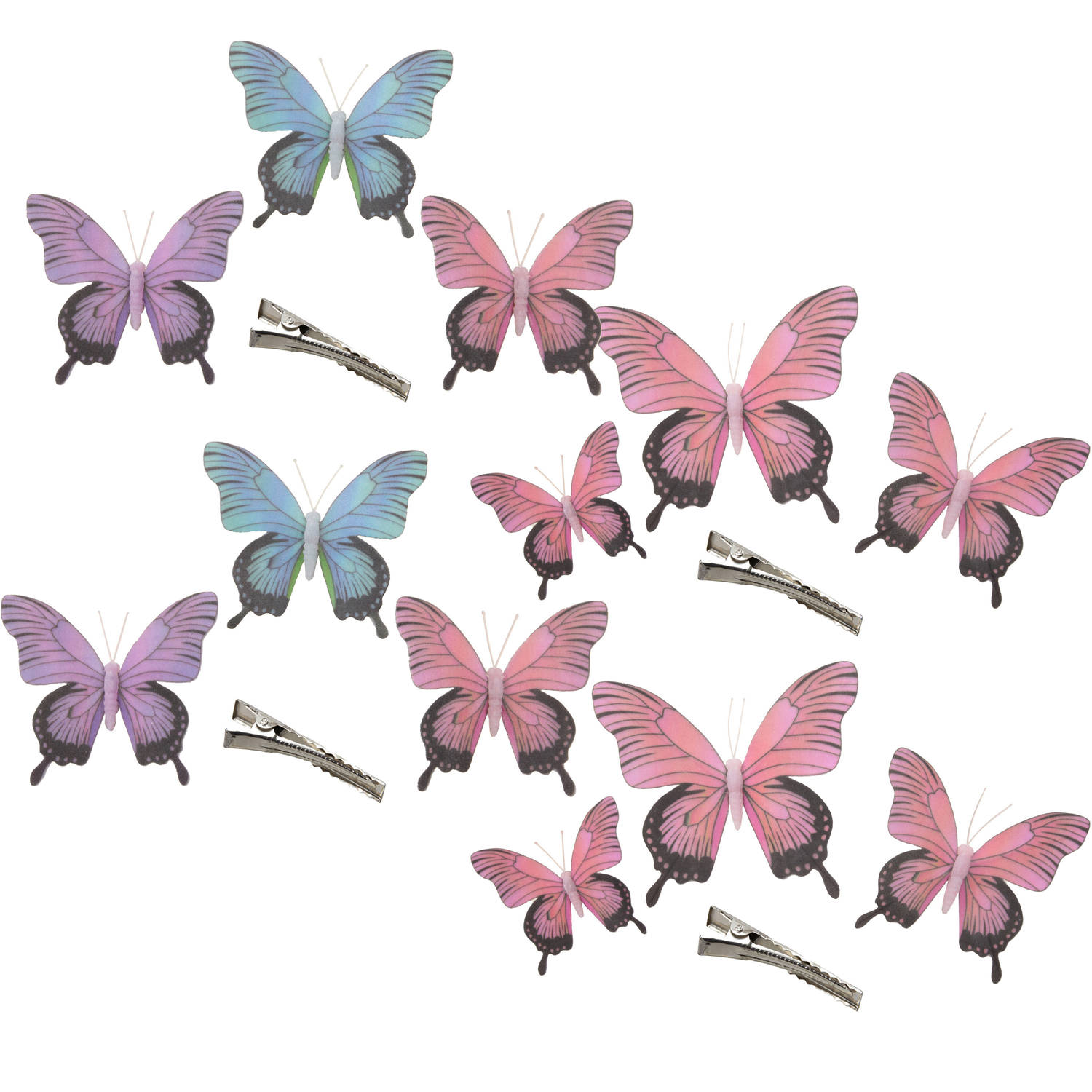 Othmar Decorations Decoratie Vlinders Op Clip 12x Stuks Paars-blauw-roze 12-16-20 Cm Hobbydecoratieo