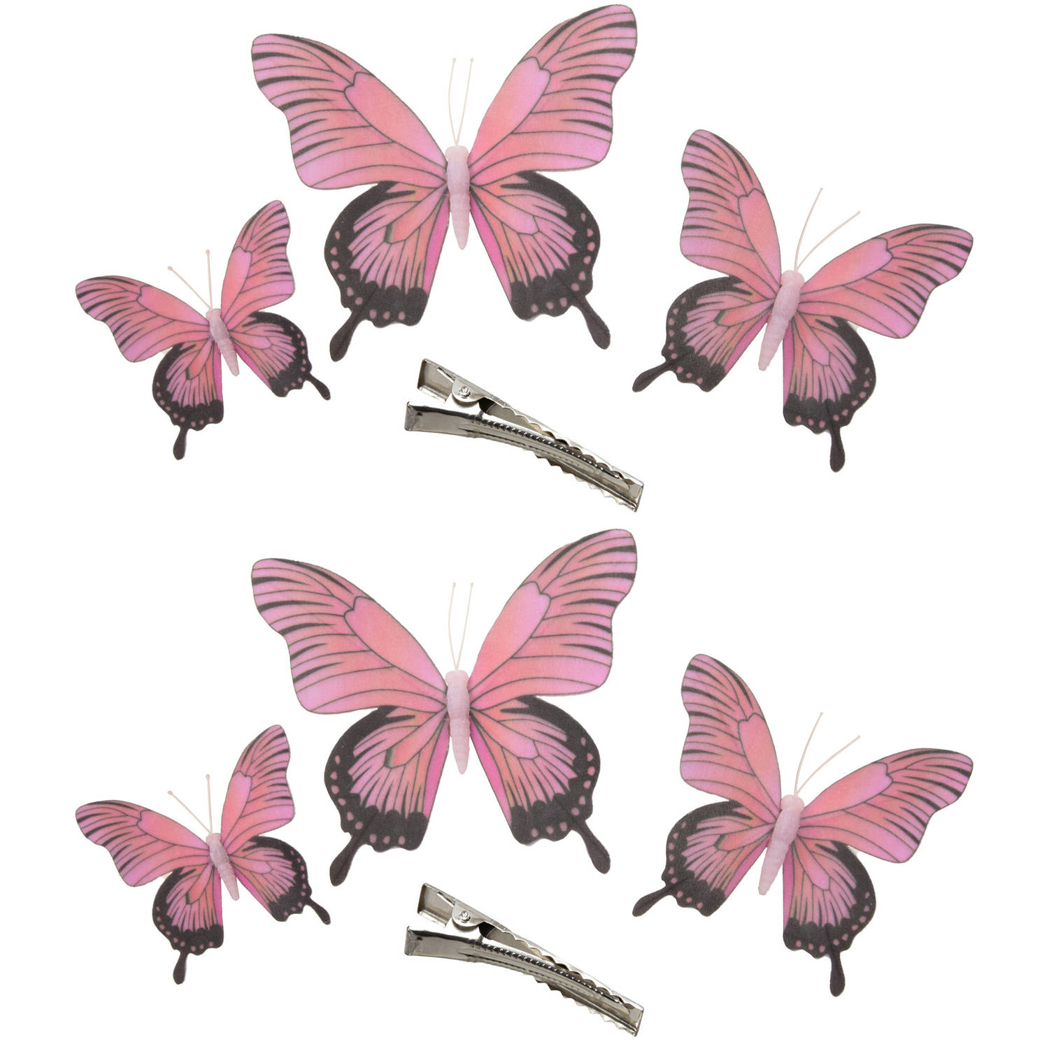 6x Stuks Decoratie Vlinders Op Clip Roze 3 Formaten 12-16-20 Cm Hobbydecoratieobject