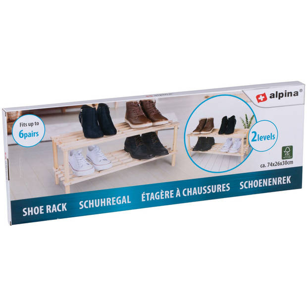 Alpina Schoenenrek - hout - 2-laags - 74 x 26 x 30 cm - schoenenbank - Schoenenrekken